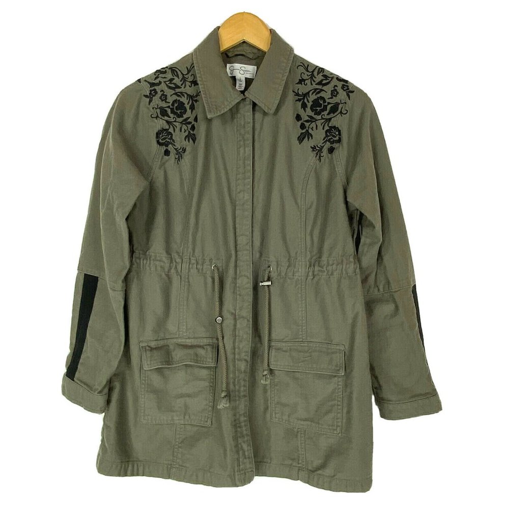 Jessica Simpson S Small Jacket Snap Close Cinch Waist Olive Green Floral Embroid